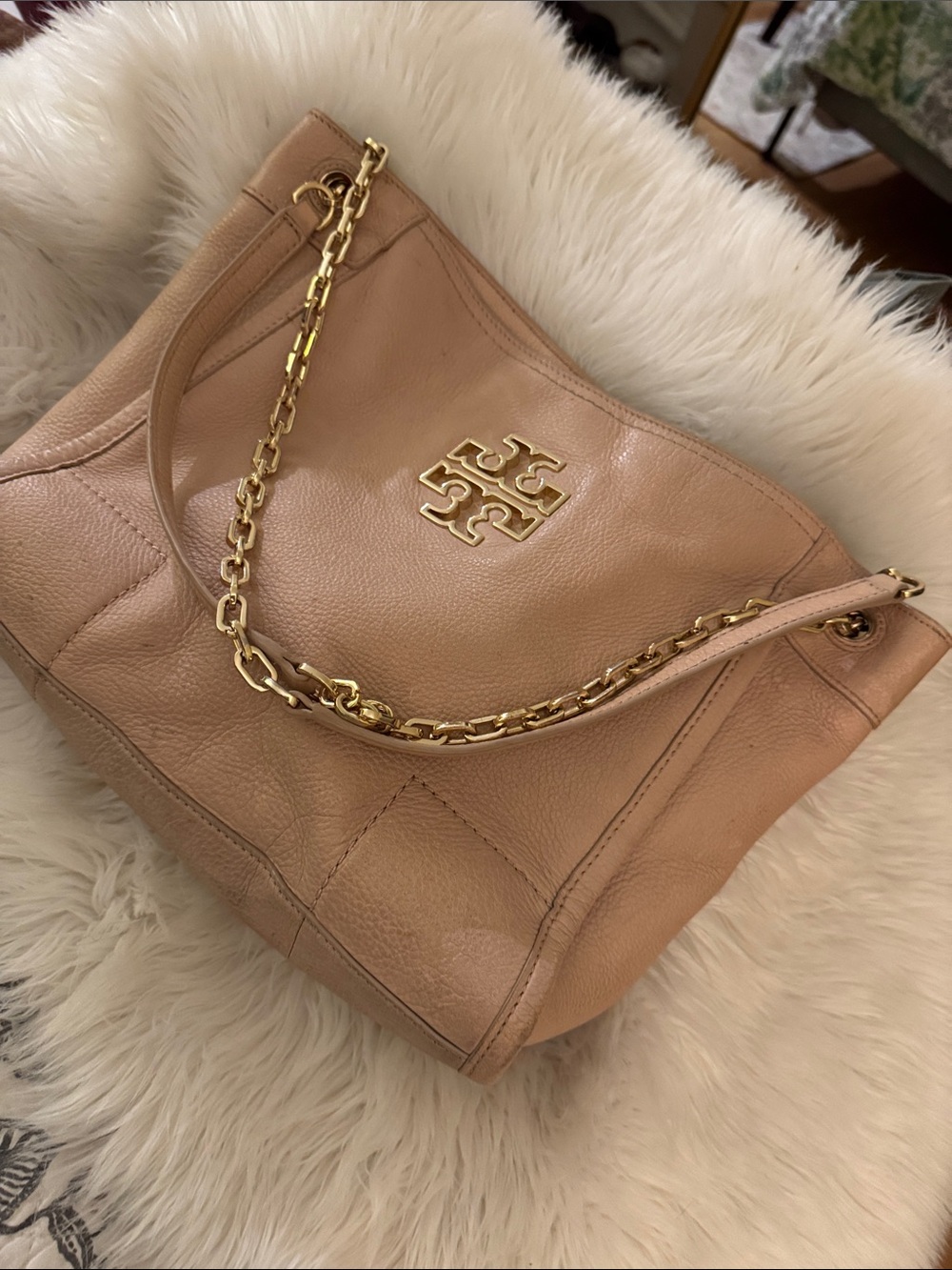 Tory Burch Cream Logo-Print Tote with Gold Hardware
